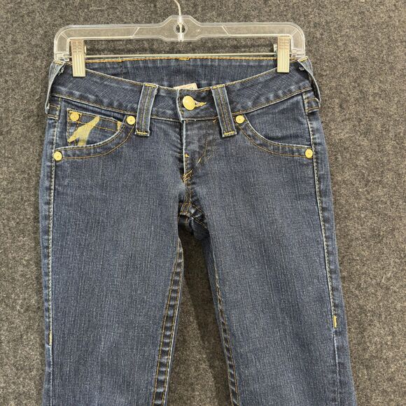 True Religion Joey Jeans Women's 25 Blue Flare Made in USA Distressed Stitching - Picture 2 of 12